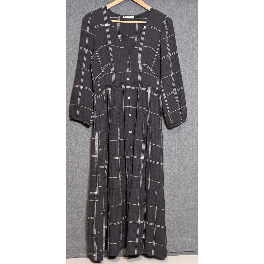 Marine Layer Plaid Tiered Maxi Dress Grey White Windowpane Gauze Fall 2024 Sz M